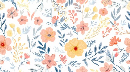 A seamless floral patterns, hand-drawn, pastel colors on a white background