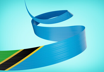 Flag Of Tanzania Shiny Waving Tanzania Ribbon Flag Isolated On Blue Background 3d Illustration