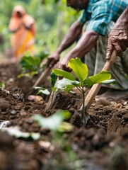 Agriculturists are utilizing shovels to excavate pits for planting mango saplings.