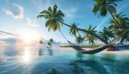 Tranquil Hammock Beneath Palm Trees on a Tropical Beach