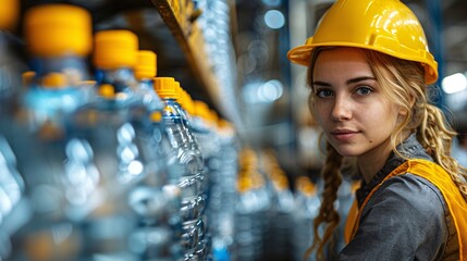 A woman is examining a plastic water tank in a mineral water factory, ensuring its quality during the bottling process.
