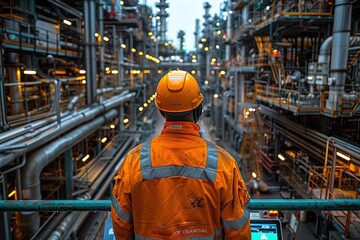 Fototapeta premium A man in a yellow helmet stands in front of a large industrial plant
