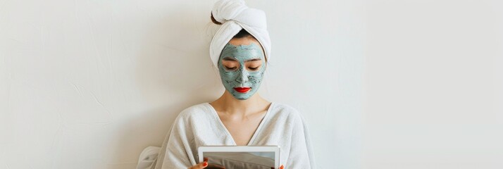 Celebrating National Hispanic Heritage Month Hispanic Woman Relaxing with a Facial Mask While Using a Tablet in Bed