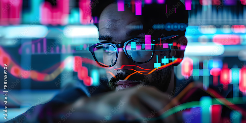 Poster trader using crypto exchange platform to analyze stock market data online. concept cryptocurrency tr