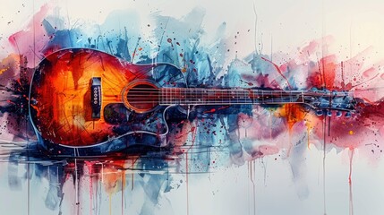Abstract Acoustic Guitar In The Foreground, Close-Up On Watercolor Painting Background, Detailed And Artistic, High Quality Background