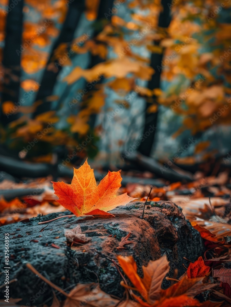 Aufkleber autumn leaf on stone in forest - a single red maple leaf sits on a rough stone in the midst of a for