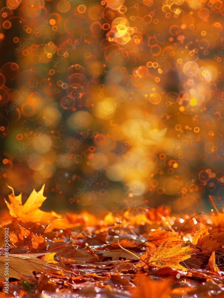 Poster autumn leaves with golden bokeh - close-up of autumn leaves with a blurred background of golden boke