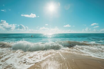 A serene beach scene with a person swimming in the clear blue ocean, gentle waves, and the sun shining brightly in the sky