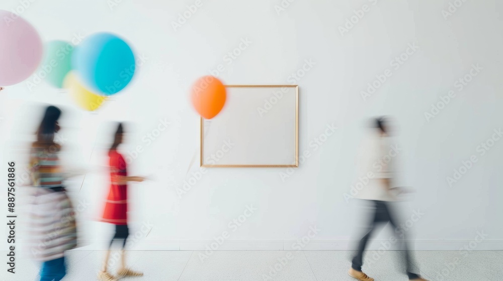 Poster joyful ambiance in a minimalist interior with colorful balloons and motion-blurred figures near an e