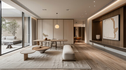Modern minimalist living room with natural light, featuring a wooden table, stylish furniture, and a cozy lounge area.