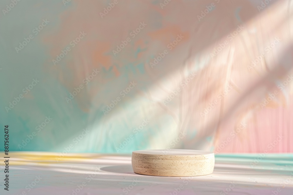 Poster Vibrant Minimalist Product Display Mockup with Textured Plastic Podium and Multicolored Soft-Shadowed Background