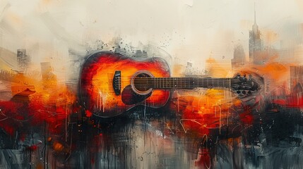 Abstract Beautiful Acoustic Guitar In The Foreground, Watercolor Painting, Artistic And Expressive, High Quality Background