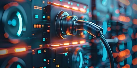 Obraz premium Innovative high-capacity battery with a linked charging cord for sustainable energy storage in electric vehicles and portable electronics.