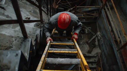 13. A construction worker climbing a ladder on a building site, tools in hand
