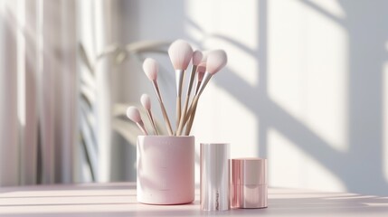 pink cylindrical box with makeup brushes on table in sunlit white room