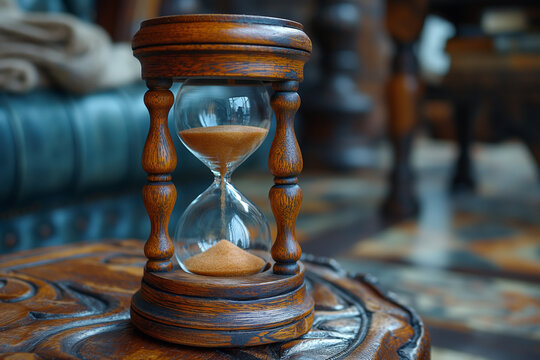 Close up of vintage sandglass concept of time capsule.