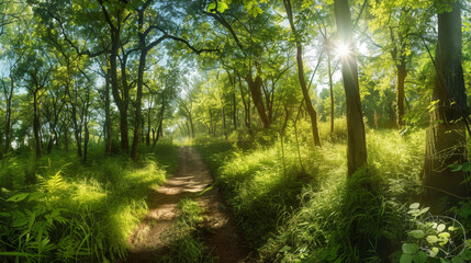 Obraz premium Sunlit Forest Path - A sunlit path winds through a lush green forest, with sunlight streaming through the trees.