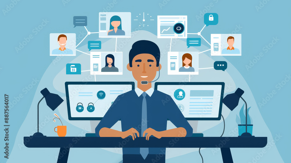 Poster customer service representative working on computer - a customer service representative is working a