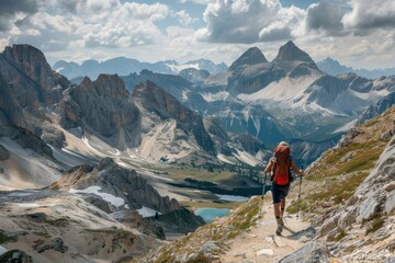 Fototapeta premium An adventurous hiker trekking through a mountainous trail, with a backpack, walking stick, and breathtaking views of peaks and valleys