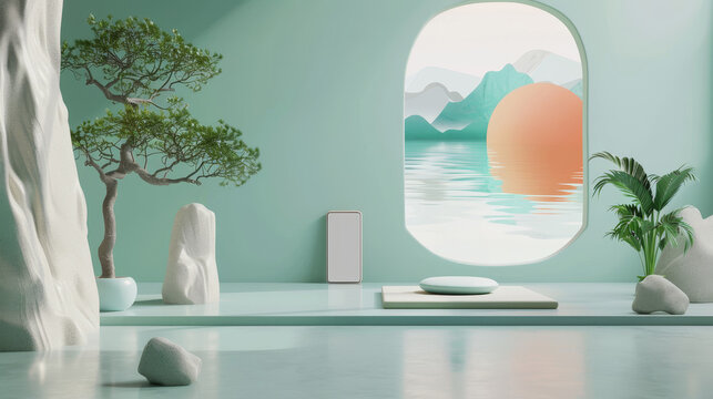 Minimalist Zen Interior with Mountain View - A minimal interior design with a serene atmosphere featuring a bonsai tree, a window with a view of mountains and water, and a stone floor. The design inco