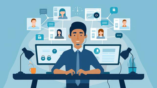 Customer Service Representative Working on Computer - A customer service representative is working at their desk, using a computer and headset to provide support and assistance to clients.