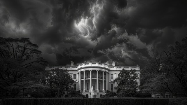 Dramatic black and white photo of White House with storm clouds. The sky is dark and full of motion. Capturing the intensity and grandeur of this iconic structure. 