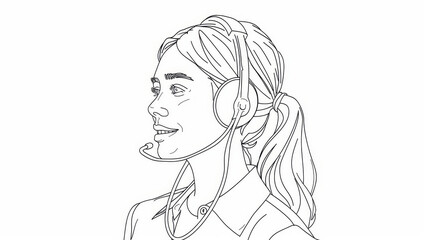 Smiling Woman Wearing Headphones Illustration - Line drawing illustration of a smiling woman wearing headphones