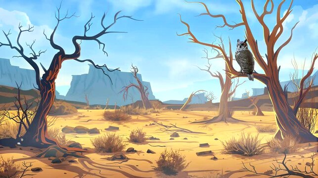 Dry desert landscape with an owl perched on a dead tree. Seamless looping time-lapse 4k video animation background