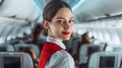 Beautiful flight attendant in a red and white uniform smiles at the camera while standing in an airplane cabin.