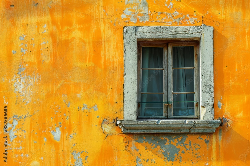 Poster Weathered Window on Vibrant Yellow Wall