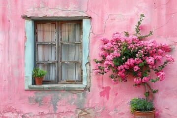 Pink Wall and Window with Flowering Plant