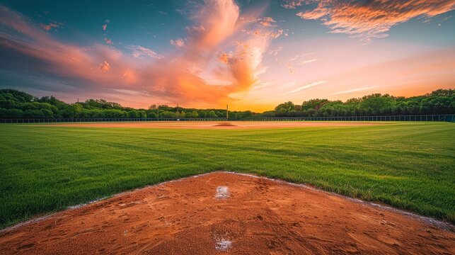 Baseball Field Sunset - A baseball field basking in the glow of a beautiful sunset, showcasing a vibrant sky with orange and pink hues.