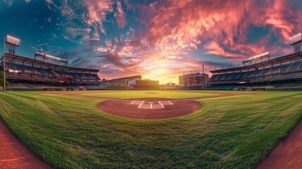 Baseball Stadium at Sunset - A wide-angle view of a baseball stadium at sunset. The sky is filled with vibrant red, orange, and pink clouds, making a dramatic backdrop for the green field and empty st