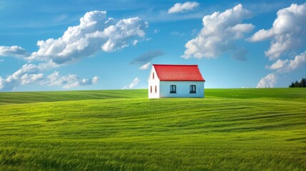 Obraz premium Wide vista of tiny white house with red roof in center of screen,&nbsp;centered on horizon line between blue sky and green fields