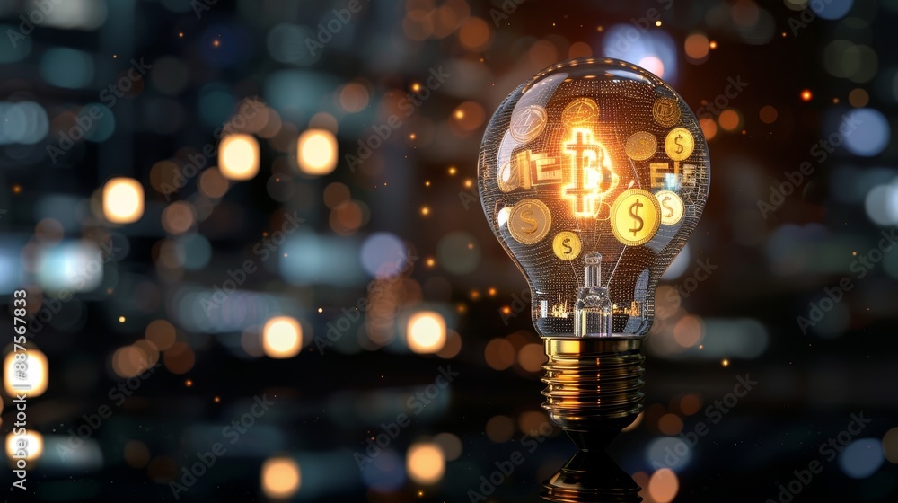 Poster bitcoin idea - a lightbulb with a bitcoin symbol inside, representing a financial idea or investment