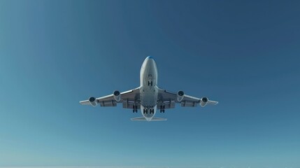 Obraz premium The airplane taking off into a clear blue sky. The view is from the ground, showing the plane ascending