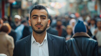 Fototapeta premium Young handsome arabic businessman standing in the crowd on the street