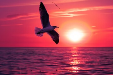 Fototapeta premium Seagull soaring over a vibrant sunset ocean