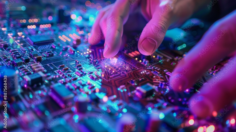 Poster close up of hands working on a circuit board - a close-up shot of hands working on a circuit board, 