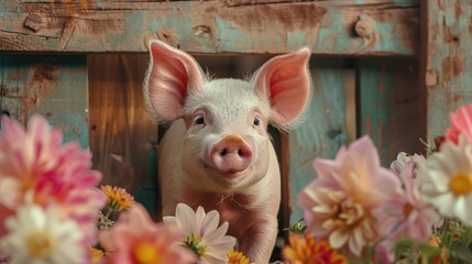 A cute little pig peeks out from behind the wooden door, surrounded by blooming flowers