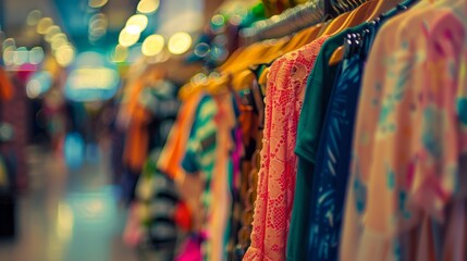 Clothes Hanging in a Store - Blurred background with clothes hanging in a store.