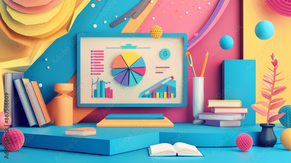 Poster colorful abstract scene with charts and books - abstract 3d colorful scene with charts and books on 