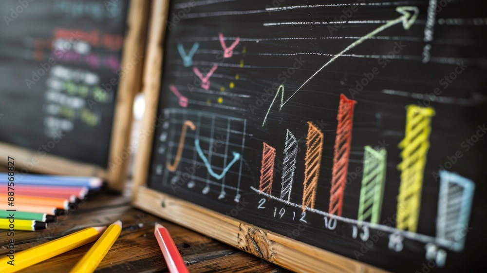 Poster colorful charts on a blackboard - a close-up shot of a chalkboard with colorful charts and graphs dr