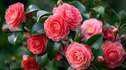Obraz premium A cluster of camellia flowers in shades of pink and red, their perfectly formed petals and glossy green leaves creating a striking contrast, set against a soft background of greenery, capturing the