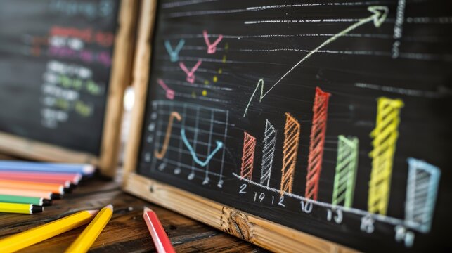 Colorful Charts on a Blackboard - A close-up shot of a chalkboard with colorful charts and graphs drawn on it, showcasing data and trends. The image depicts a business concept of growth and success.