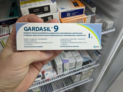 Prague, Czech Republic - July 10 2024: GARDASIL box of vaccine with HUMAN PAPILLOMAVIRUS active substance by MERCK, used for prevention of HPV infections and cervical cancer.

