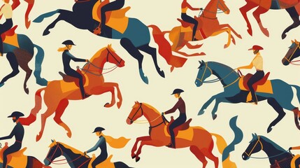 Colorful Horses and Riders Seamless Pattern - A vibrant and colorful seamless pattern featuring horses and riders in various poses, creating a dynamic and energetic design.