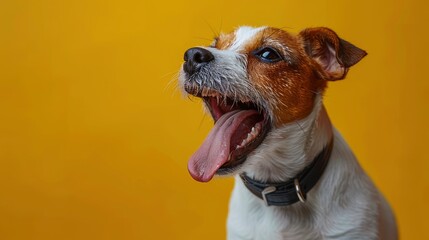 Artwork Of One Cute Little Dog Playing And Singing At A Concert, Isolated On A Yellow Neon Background, Playful And Adorable, High Quality Background