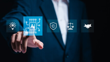 Copyright or patent concept. Laws regarding copyright and patents on intellectual property arising from artificial intelligence technology.