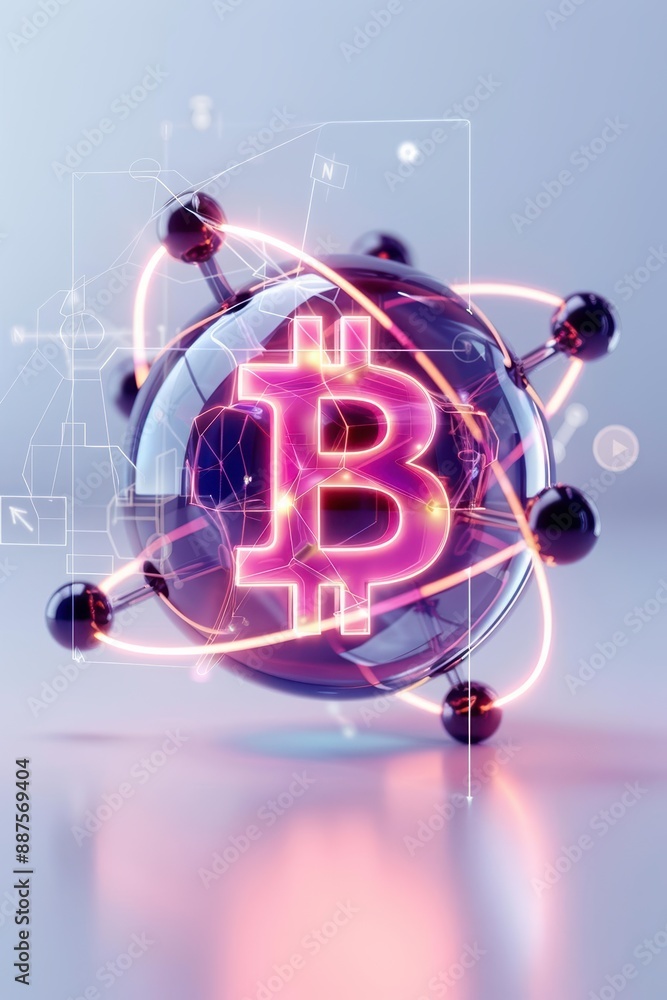 Poster futuristic design featuring a glowing bitcoin symbol surrounded by atomic elements suggesting blockc